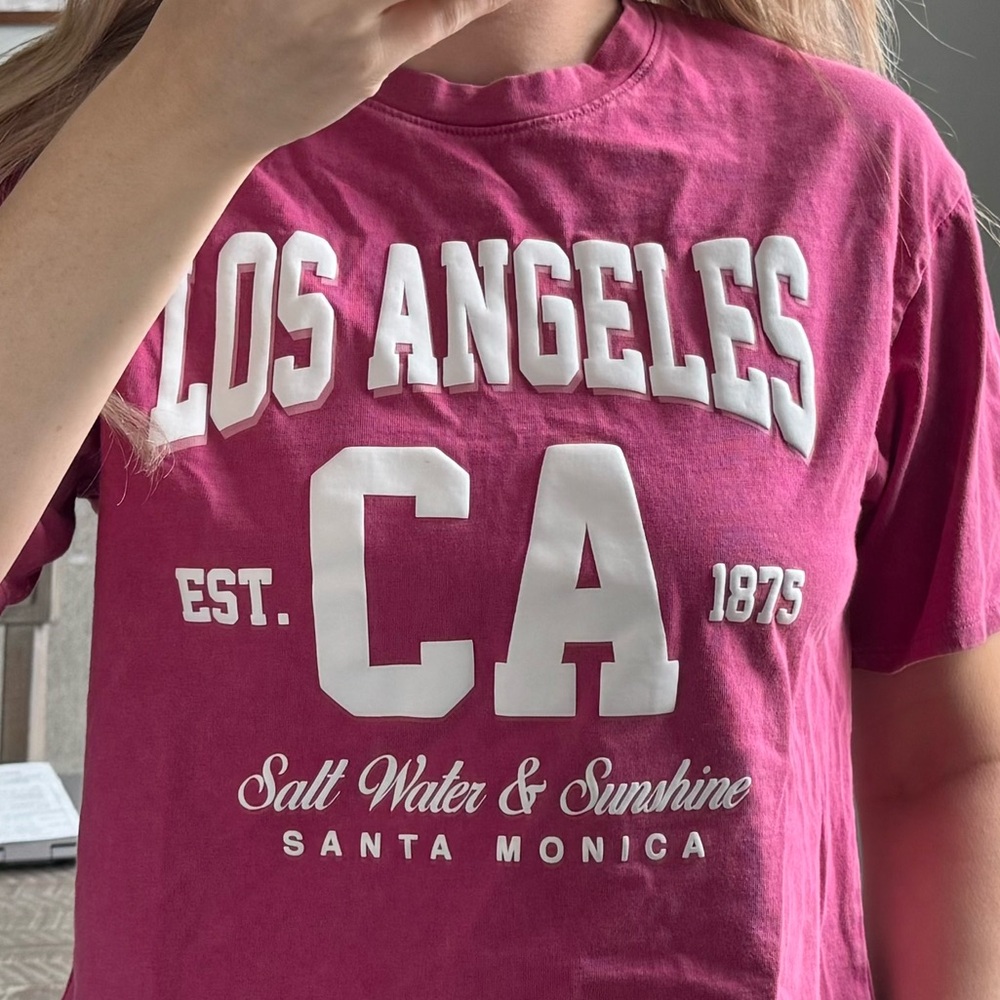 Feel Magenta Rose Pink Puff White Letters Los Angeles CA Graphic T-Shirt